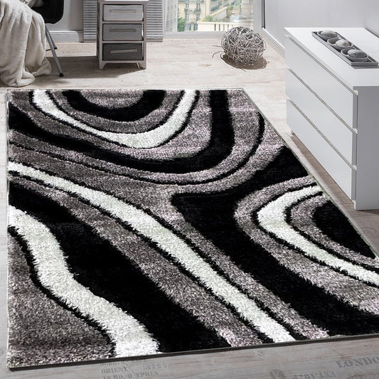 Covor Pufos de Matase si Bumbac Tip Valuri, Gri/Negru