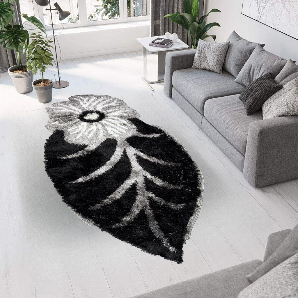 Covor Pufos cu fir lung de Matase in forma de Floare,Gri/Negru/Alb