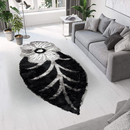 Covor Pufos cu fir lung de Matase in forma de Floare,Gri/Negru/Alb