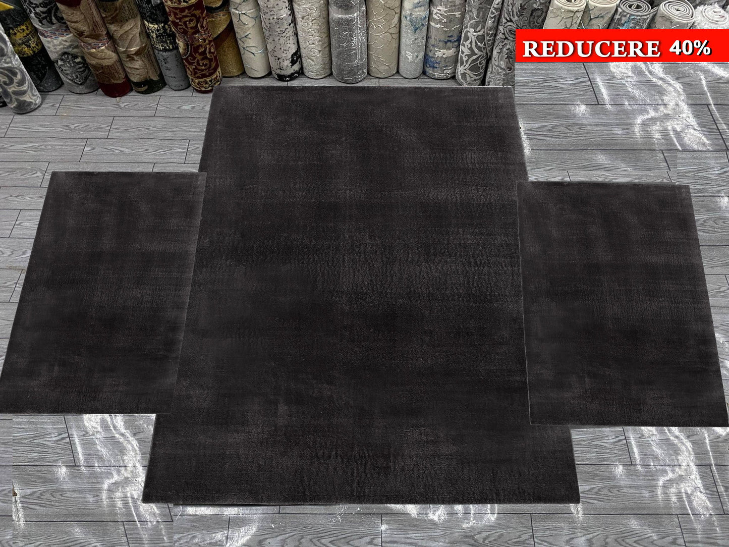 Set 3 Covoare Pufoase Pelus,Negru