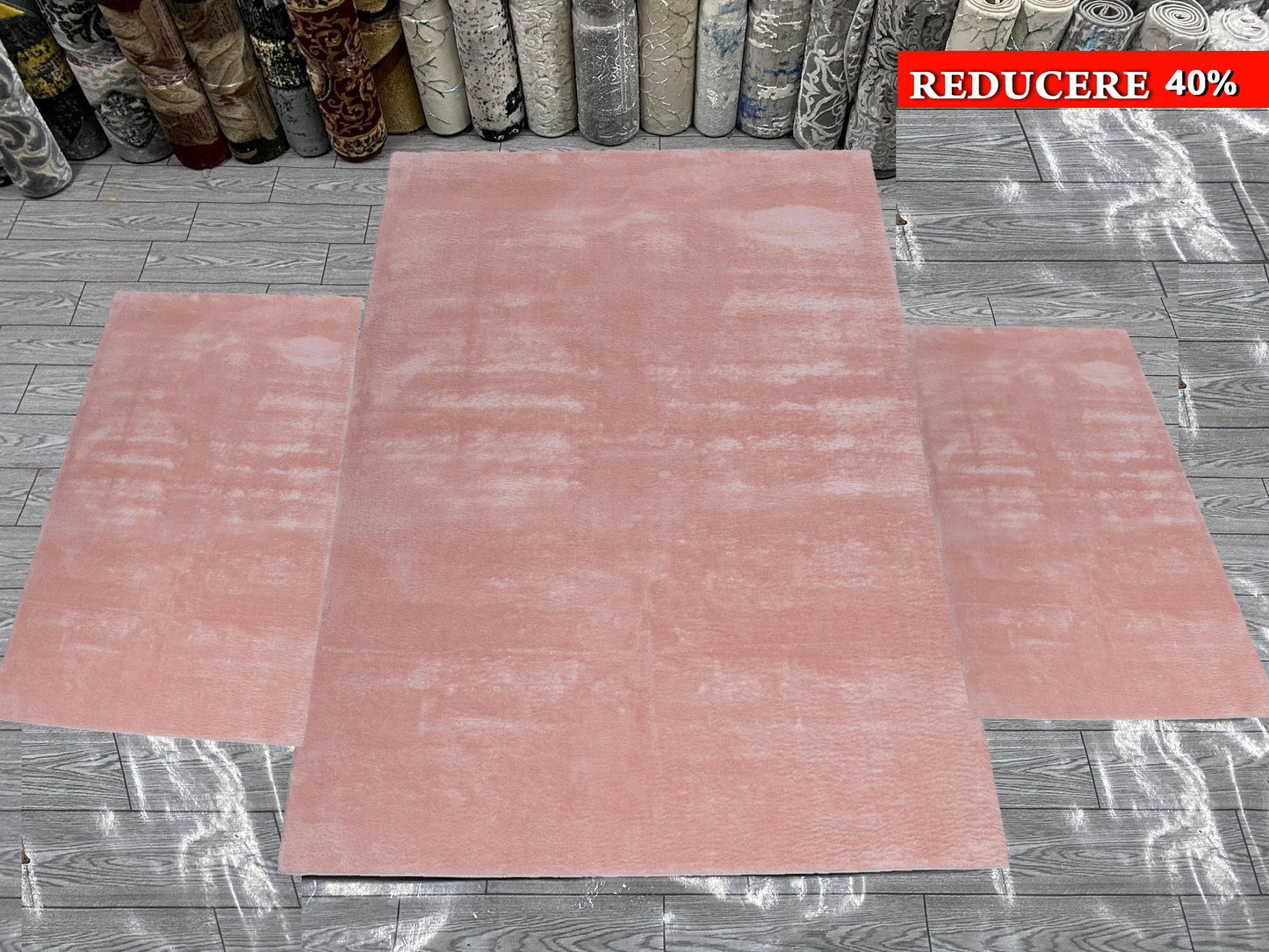 Set 3 Covoare Pufoase Pelus,Roz Pudra