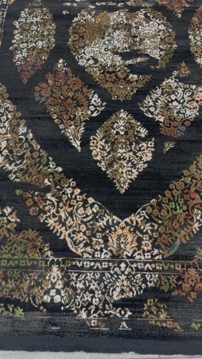 Covor Modern cu Insertii Florale,Negru/Maro/Bej/Verde/Albastru/Auriu