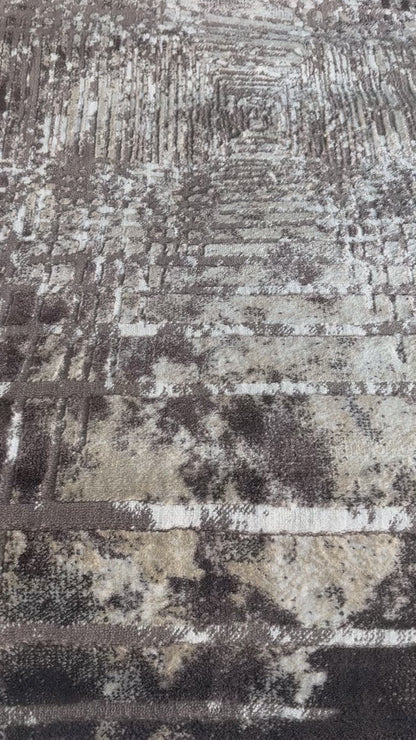 Covor Modern cu Insertii Geometrice de tip Patrate ,Maro/Crem