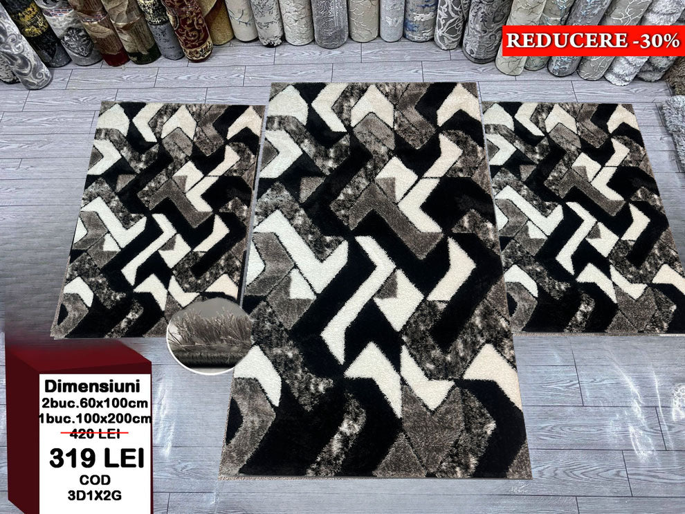 Set Covor cu Traverse Pufoase 3D,Gri/Negru/Alb