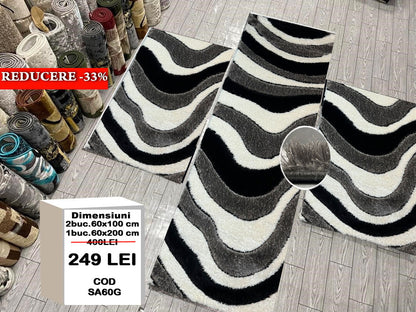 Set 3 Covoare Dormitor  Pufoase 3D,Gri/Alb/Negru