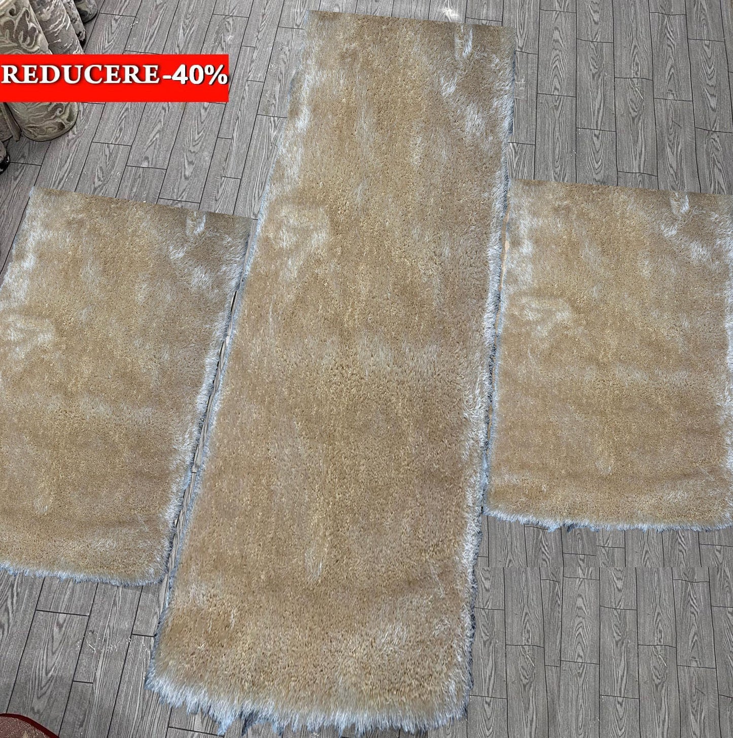 Set 3 Covoare Dormitor  Pufoase din Fir de Matase si Bumbac 3D,Bej