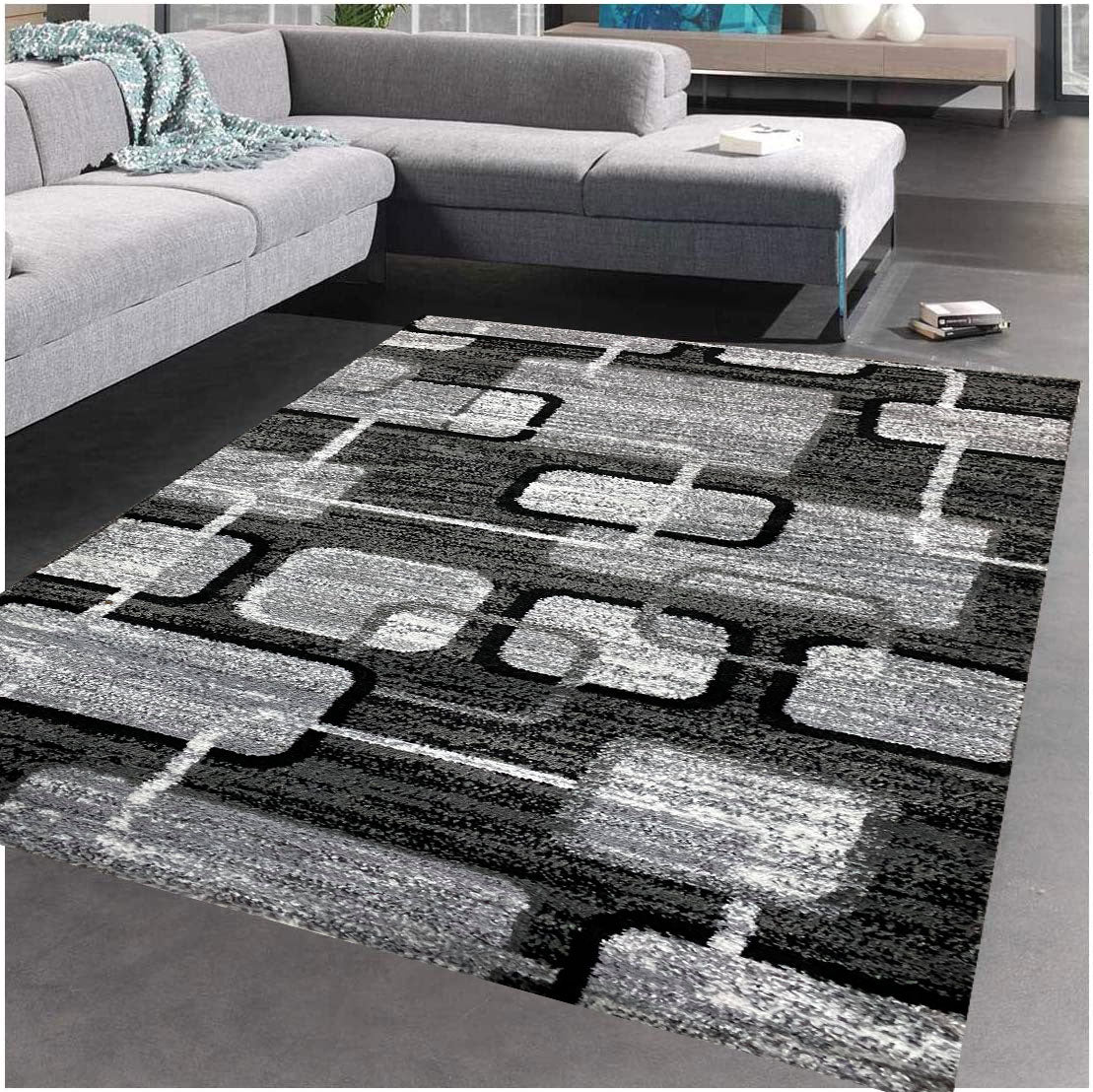 Covor cu Insertii Geometrice tip Patrate,Gri/Negru