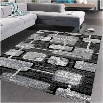 Covor cu Insertii Geometrice tip Patrate,Gri/Negru