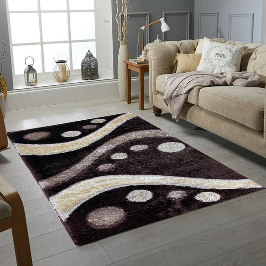 Covor Pufos cu fir lung de matase cu imprimeu geometric tip bilute si linii