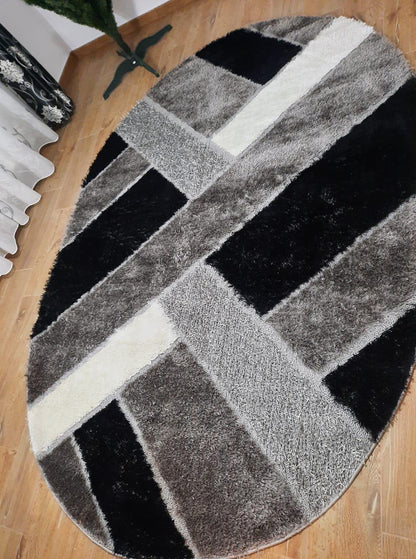 Covor Pufos cu Fir de Matase cu Insertii Geometrice tip Linii,Gri