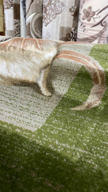 Covor cu Insertii Florale de tip Crin Asiatic,Verde/Crem