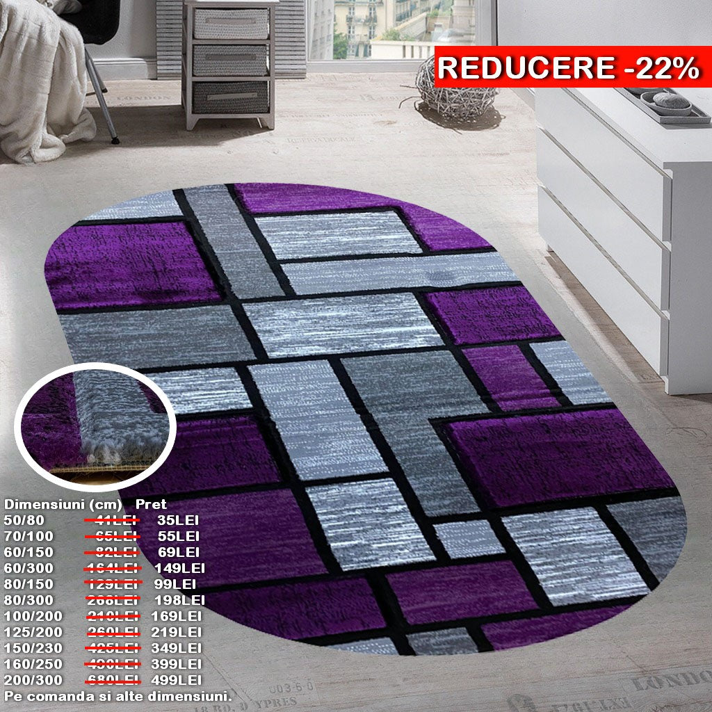 Covor cu Insertii Geometrice tip Patrate si Dreptunghiuri,Mov/Gri