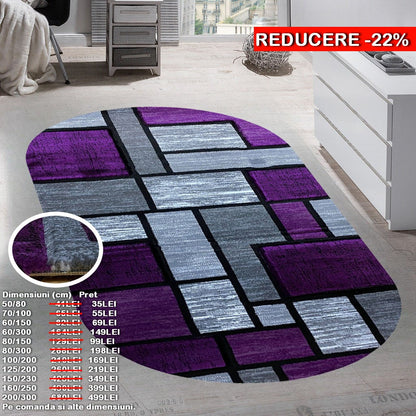 Covor cu Insertii Geometrice tip Patrate si Dreptunghiuri,Mov/Gri
