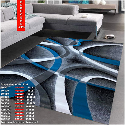 Covor cu Insertii Geometrice de Tip Linii ,Gri/Albastru