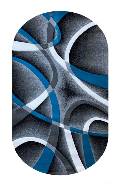 Covor cu Insertii Geometrice de Tip Linii ,Gri/Albastru