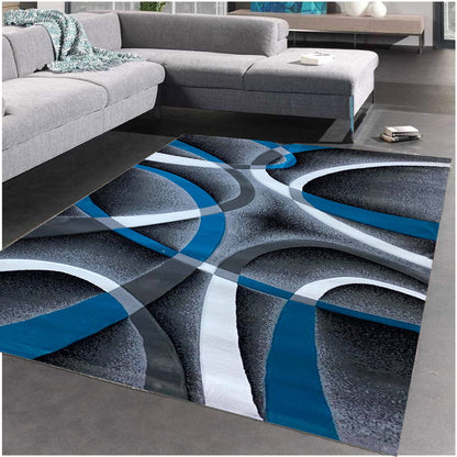Covor cu Insertii Geometrice de Tip Linii ,Gri/Albastru