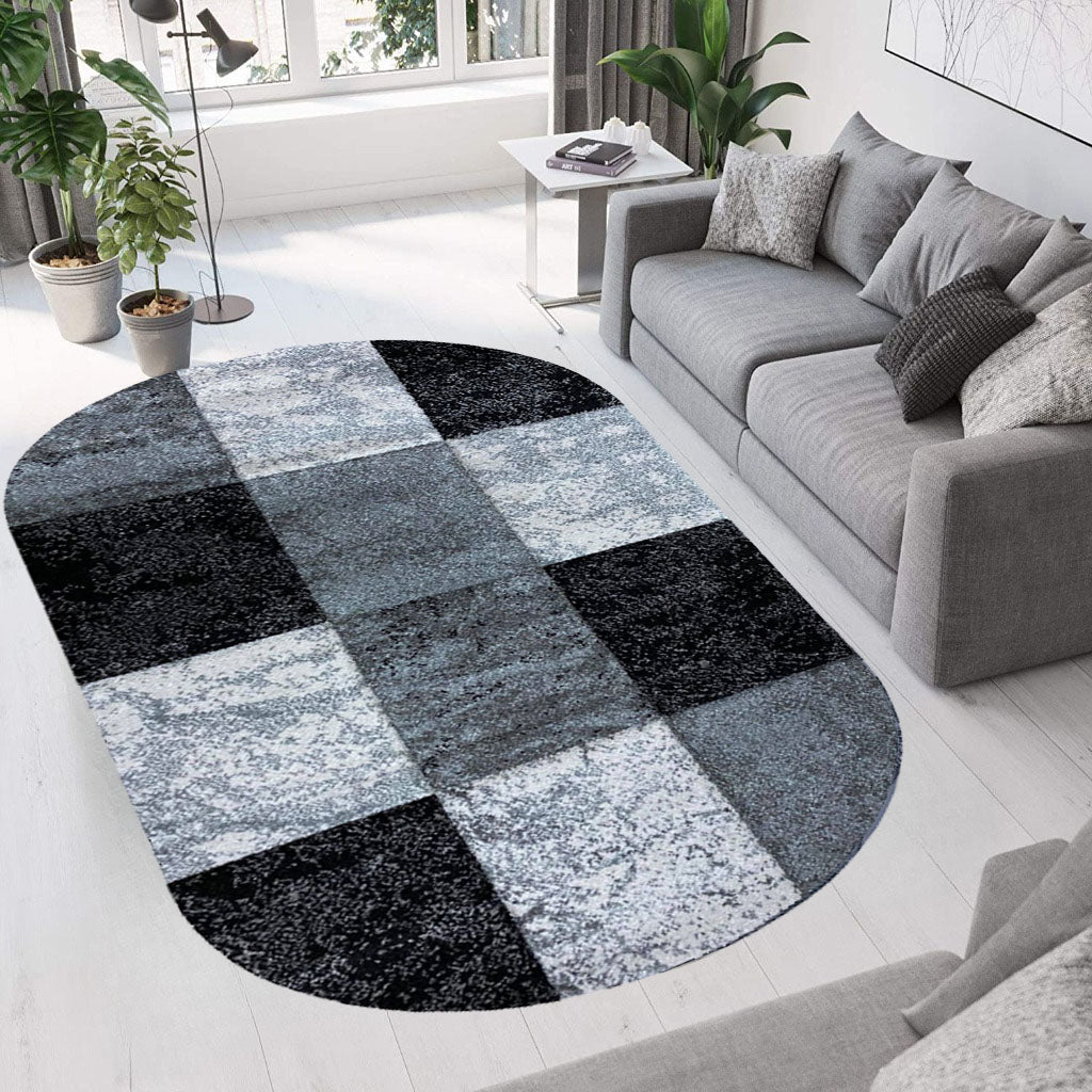 Covor frize cu Insertii Geometrice tip Patrate,Gri