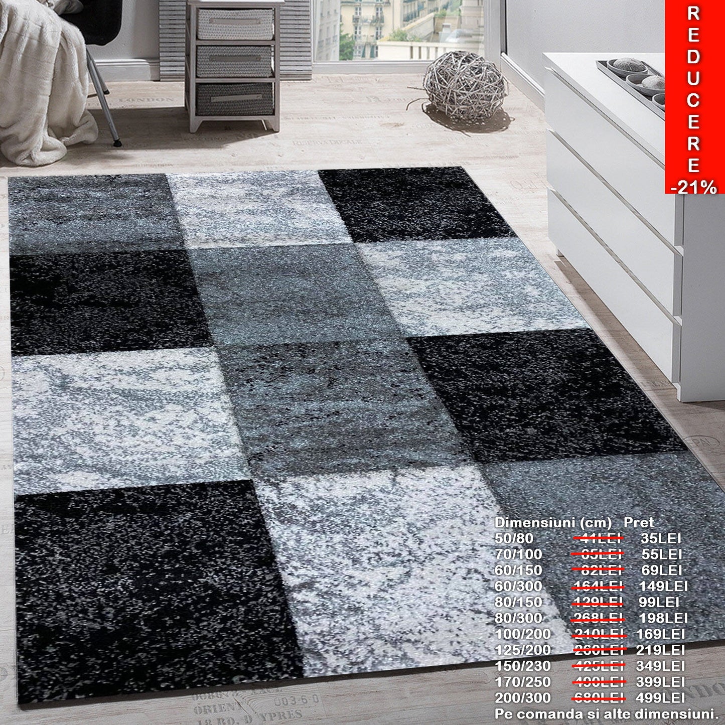 Covor frize cu Insertii Geometrice tip Patrate,Gri