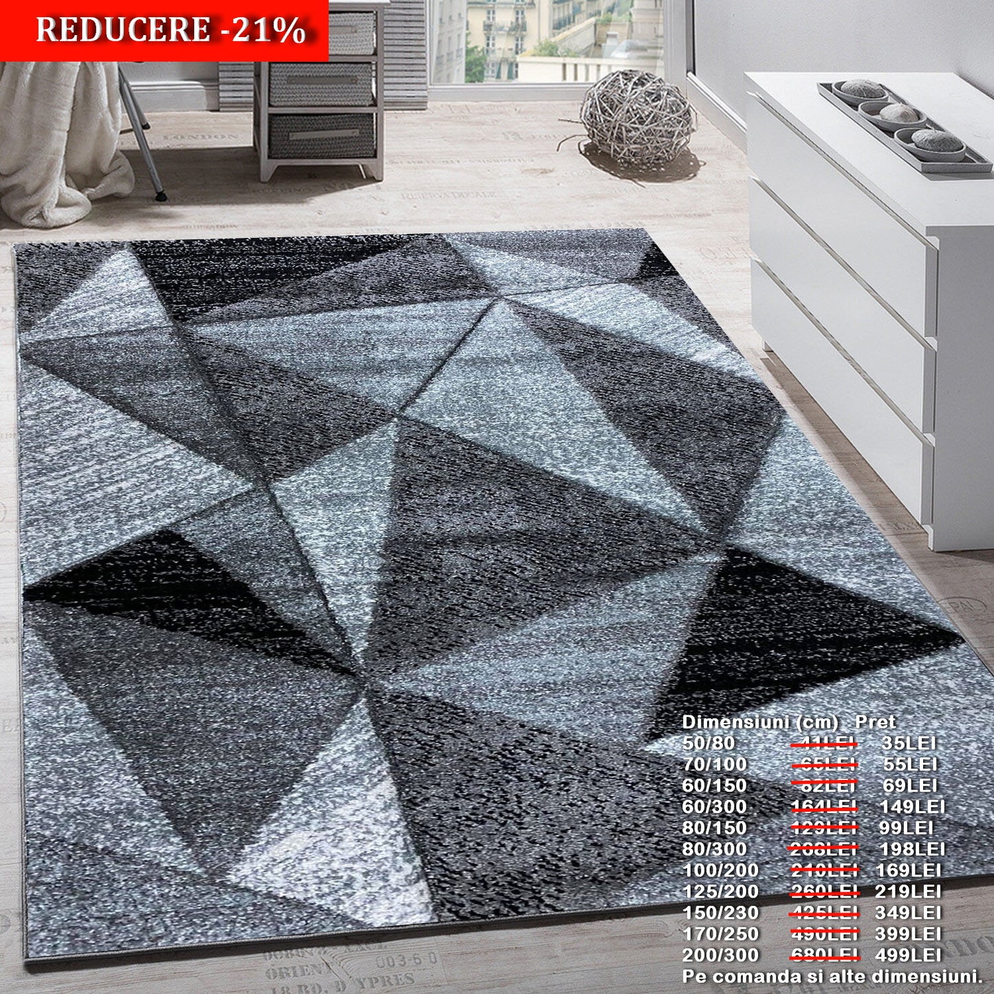 Covor frize cu Insertii Geometrice tip Triunghiuri Mari,Gri