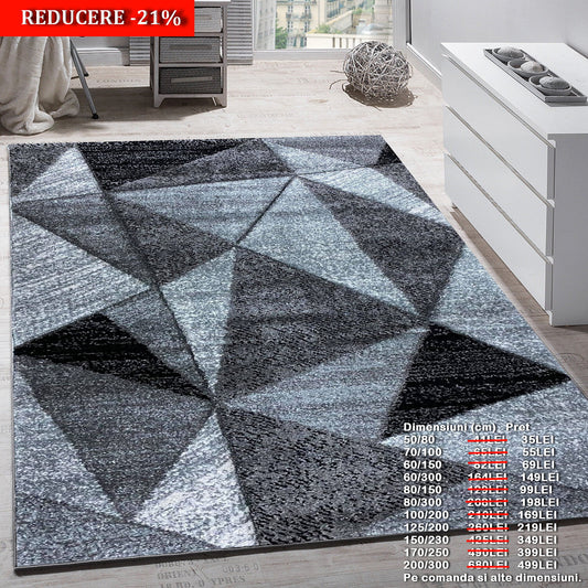 Covor frize cu Insertii Geometrice tip Triunghiuri Mari,Gri