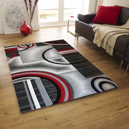 Covor cu Insertii Geometrice de Tip Cercuri ,Gri/Rosu