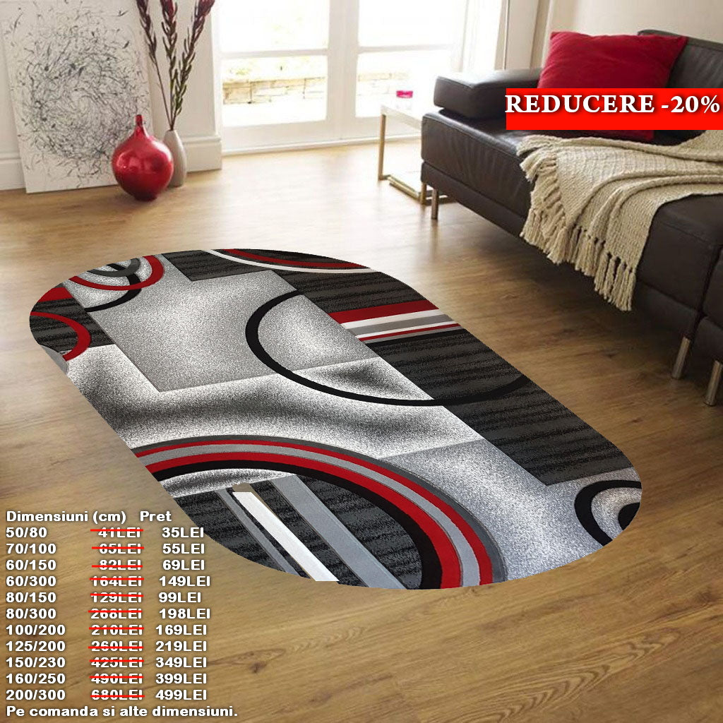 Covor cu Insertii Geometrice de Tip Cercuri ,Gri/Rosu