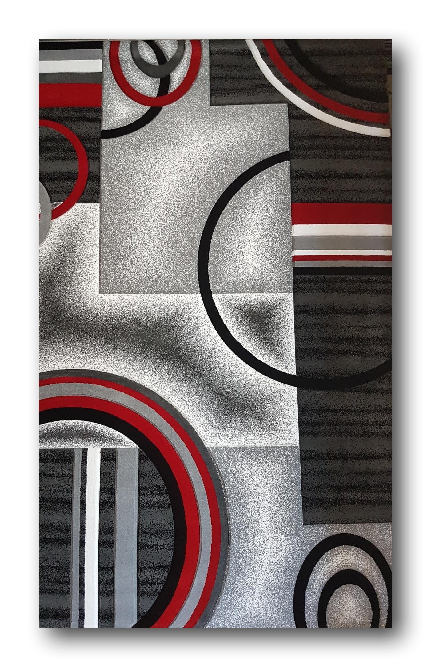 Covor cu Insertii Geometrice de Tip Cercuri ,Gri/Rosu