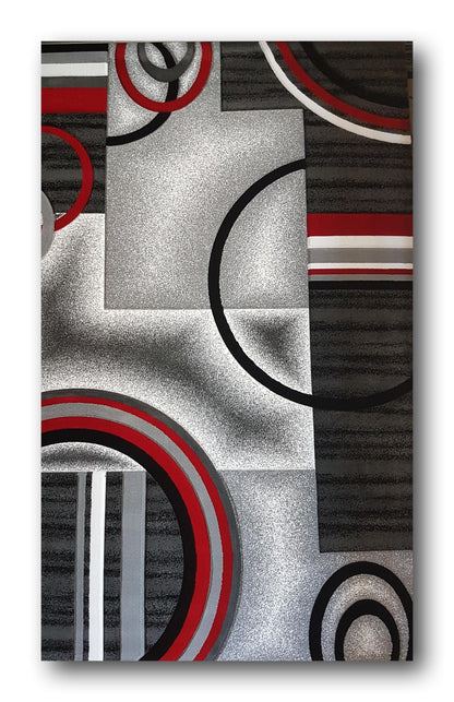 Covor cu Insertii Geometrice de Tip Cercuri ,Gri/Rosu