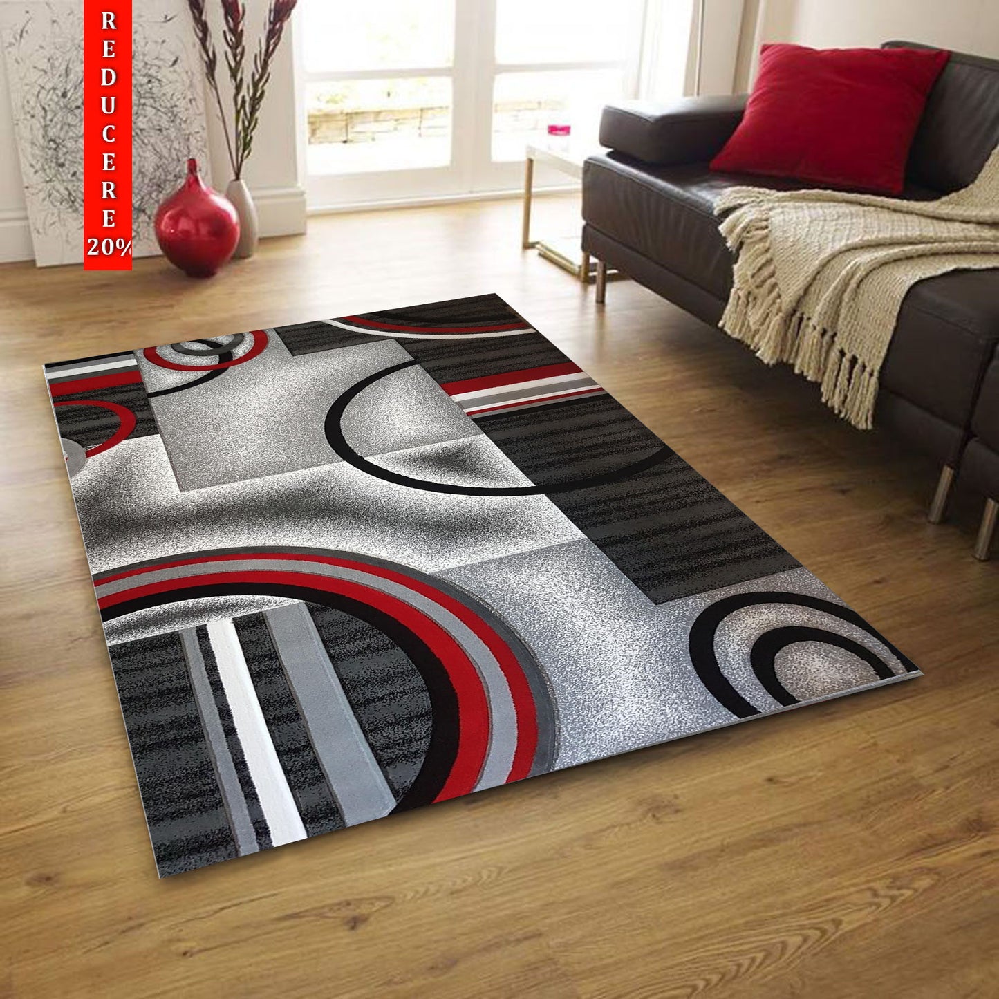 Covor cu Insertii Geometrice de Tip Cercuri ,Gri/Rosu