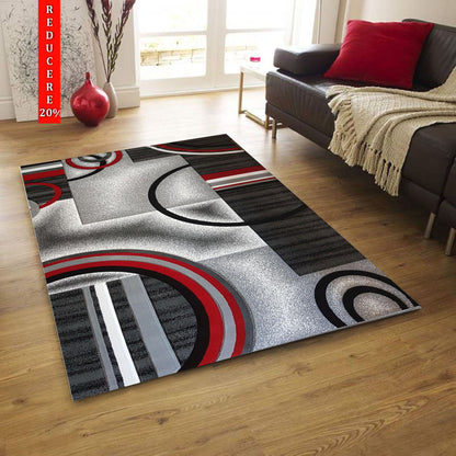 Covor cu Insertii Geometrice de Tip Cercuri ,Gri/Rosu