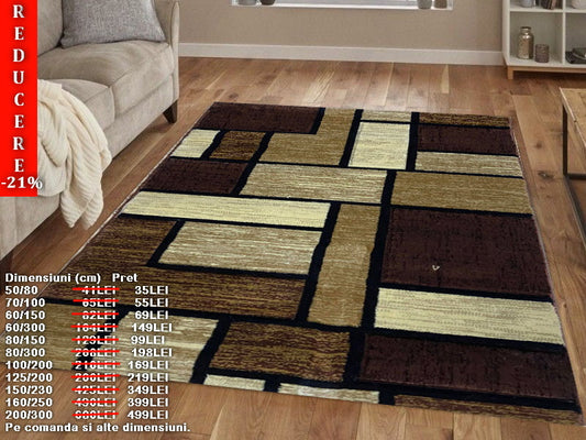 Covor cu Insertii Geometrice de Tip Patrate si Dreptunghiuri ,Maro