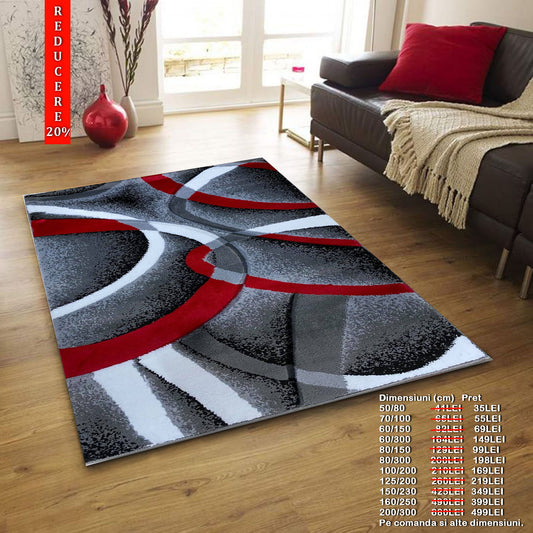 Covor cu Insertii Geometrice tip Linii ,Rosu/Gri