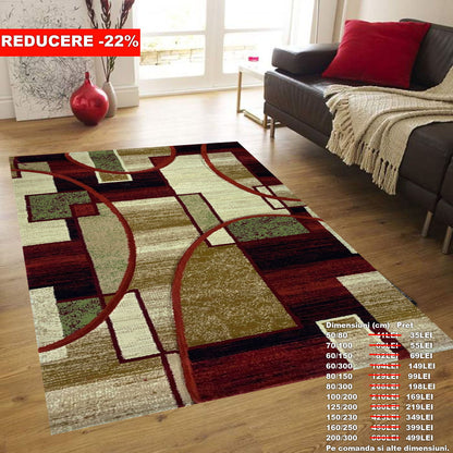 Covor cu Insertii Geometrice tip Cercuri ,Grena/Bej