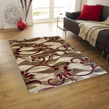 Covor cu Insertii Florale de tip Vita de Vie  , Grena/Bej