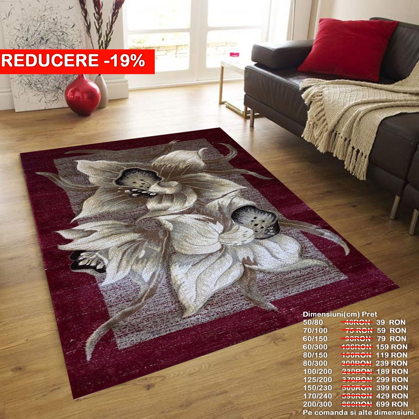 Covor cu Insertii Florale tip Crin Asiatic ,Grena