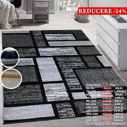 Covor cu Insertii Geometrice de Tip Patratele si Dreptunghiuri,Gri/Negru