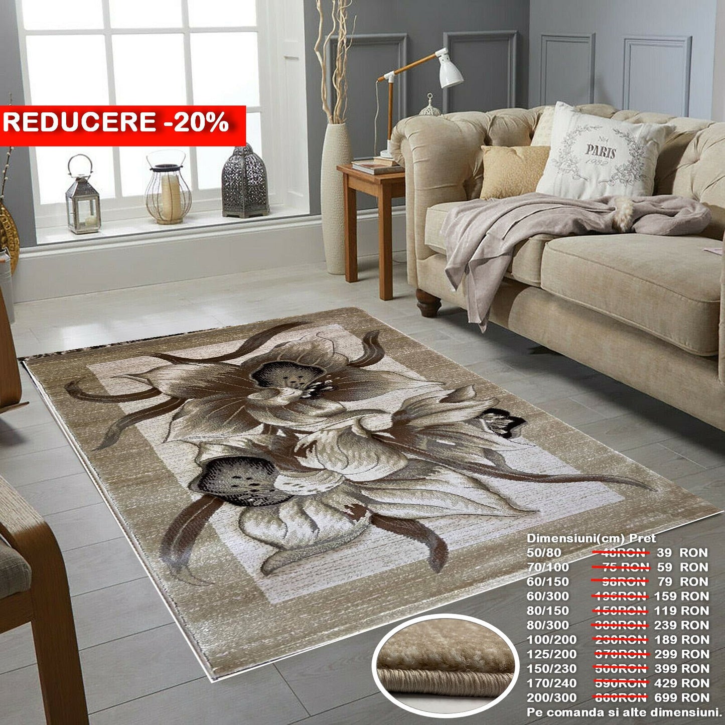 Covor cu Insertii Florale de Tip Crin Asiatic ,Bej