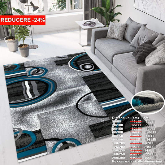 Covor cu Insertii Geometrice Tip Cercuri ,Gri/Turqoise