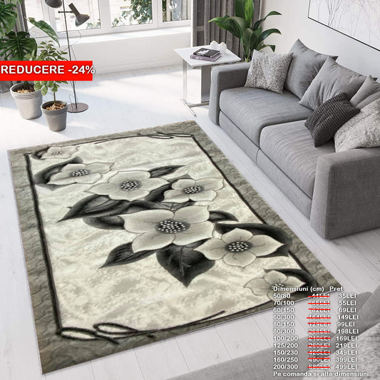 Covor cu Insertii Florale de TIp Bujor ,Gri