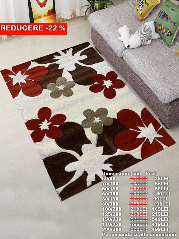 Covor Firuse cu Insertii Florale tip Margareta,Caramiziu-Bej