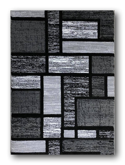 Covor cu Insertii Geometrice de Tip Patratele si Dreptunghiuri,Gri/Negru