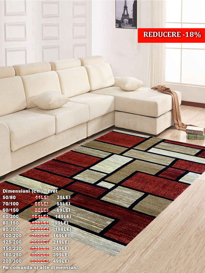 Covoare cu Insertii Geometrice de Patratele si Dreptunghiuri,Caramiziu-Grena