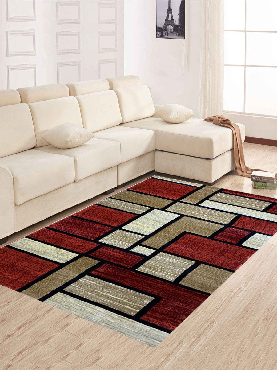 Covoare cu Insertii Geometrice de Patratele si Dreptunghiuri,Caramiziu-Grena