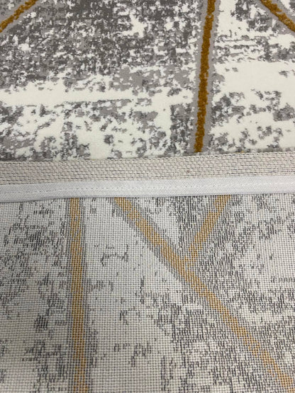 Covor Modern cu Insertii Geometrice de tip Triunghiuri, Galben/Gri/Crem