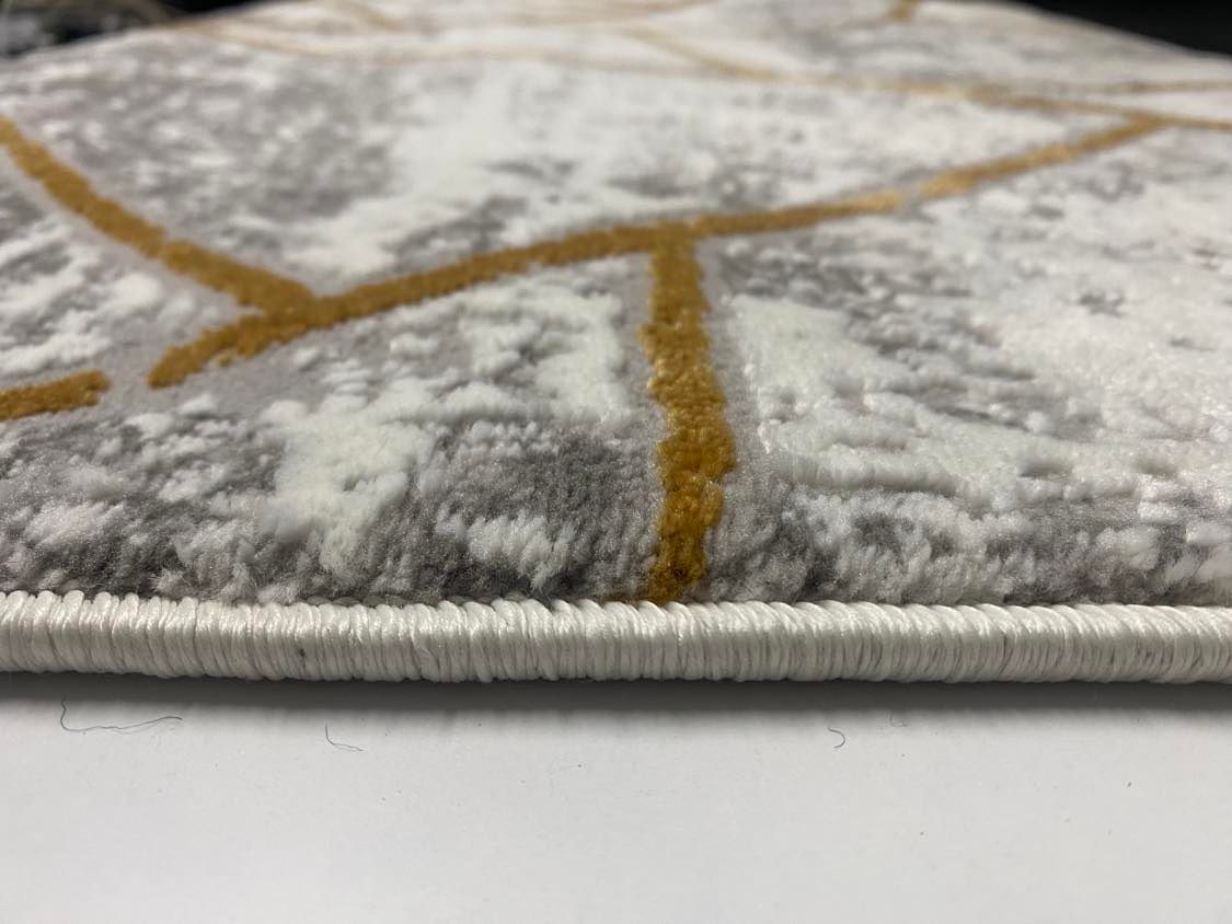 Covor Modern cu Insertii Geometrice de tip Triunghiuri, Galben/Gri/Crem