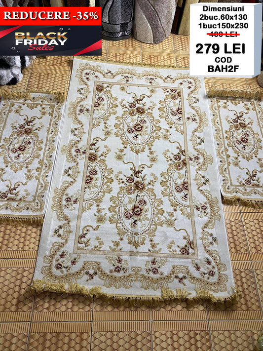 Set Covor si Traverse cu Insertii Florale ,Bej