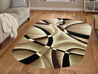 Covor cu Insertii Geometrice de Tip Linii si Semicercuri,Bej