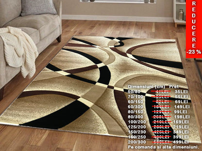 Covor cu Insertii Geometrice de Tip Linii si Semicercuri,Bej