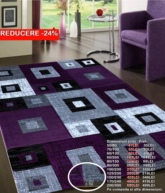 Covor cu Insertii Geometrice de Tip Patratele,Mov