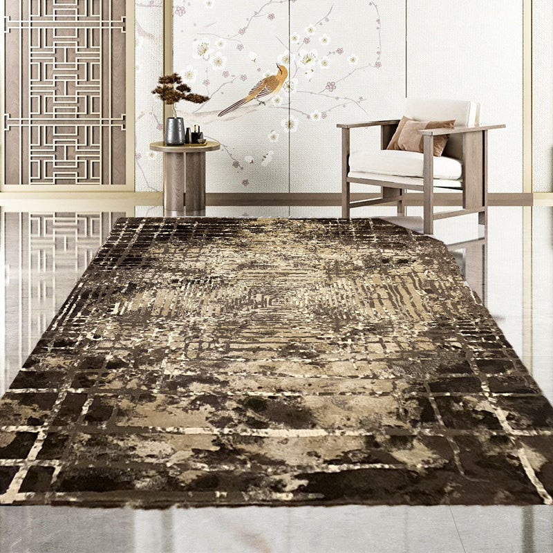 Covor Modern cu Insertii Geometrice de tip Patrate ,Maro/Crem